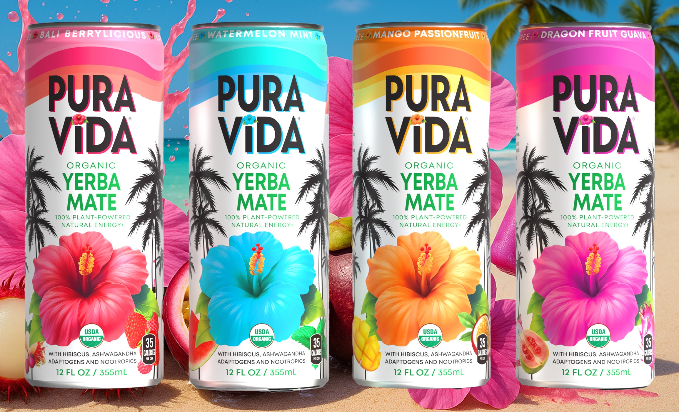 Pura Vida Yerba Mate with Hibiscus, Ashwagandha, Adaptogens